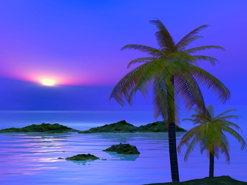 Palm Trees at Sunset — Blue, Serene, Digital Art, Ocean