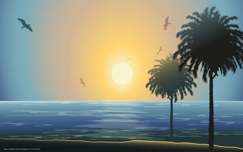 Palm Trees at Sunset — Blue, Serene, Digital Art, Seagulls