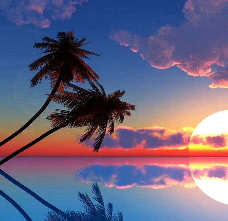 Palm Trees at Sunset — Blue, Serene, Digital Art, Sun, Clouds