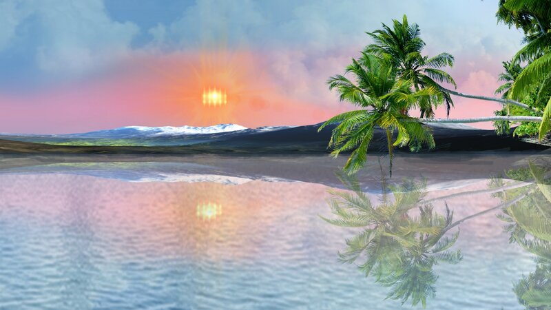 Palm Trees at Sunset — Blue, Serene, Digital Art, Sun, Mountains