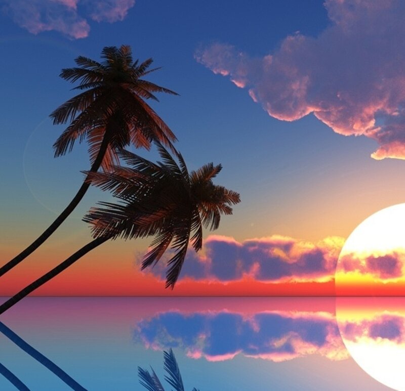 Palm Trees at Sunset — Blue, Serene, Digital Art, Sun
