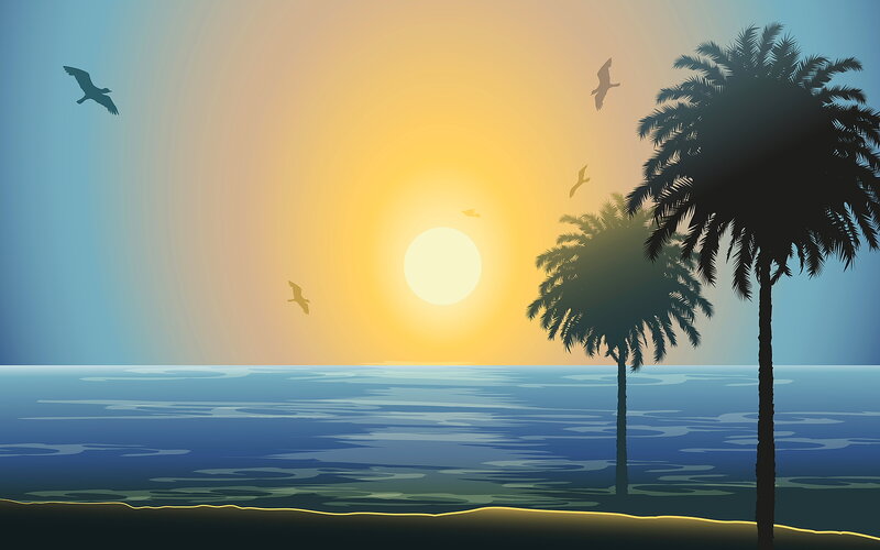 Palm Trees at Sunset — Blue, Serene, Illustration