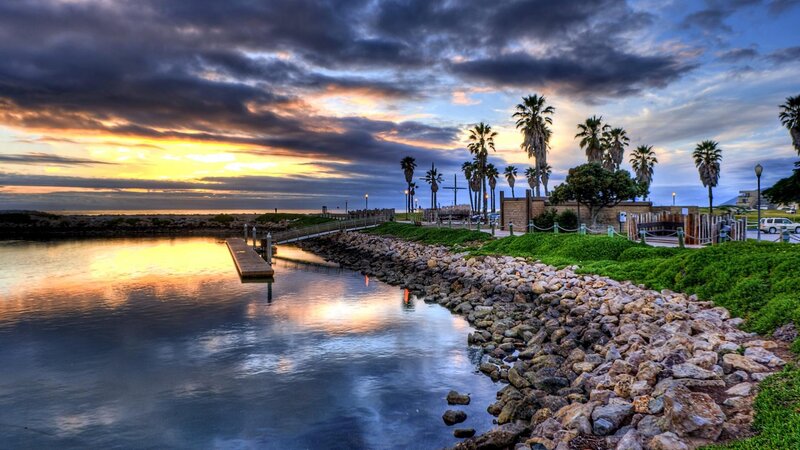 Palm Trees at Sunset — Blue, Serene, Photograph, Docks
