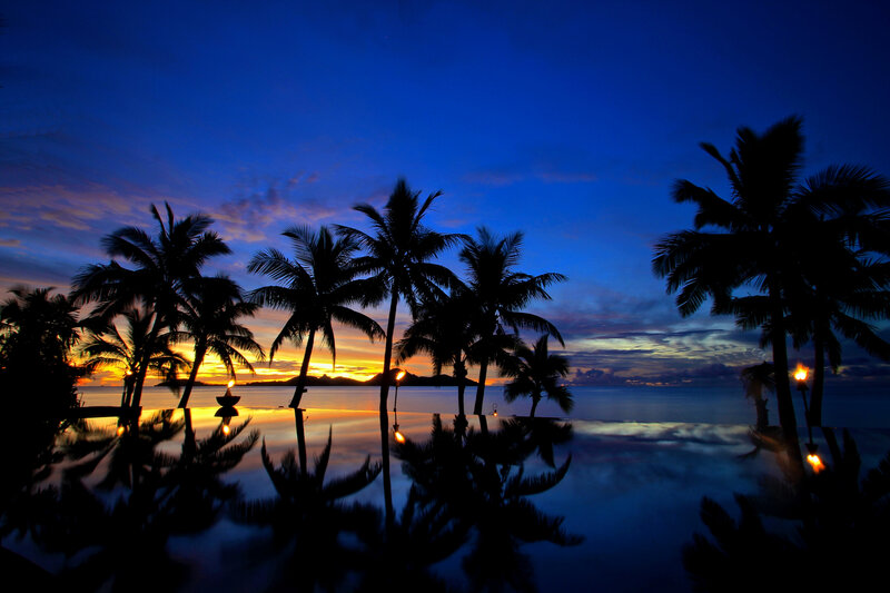 Palm Trees at Sunset — Blue, Serene, Photograph, Ocean, Sky, Pool