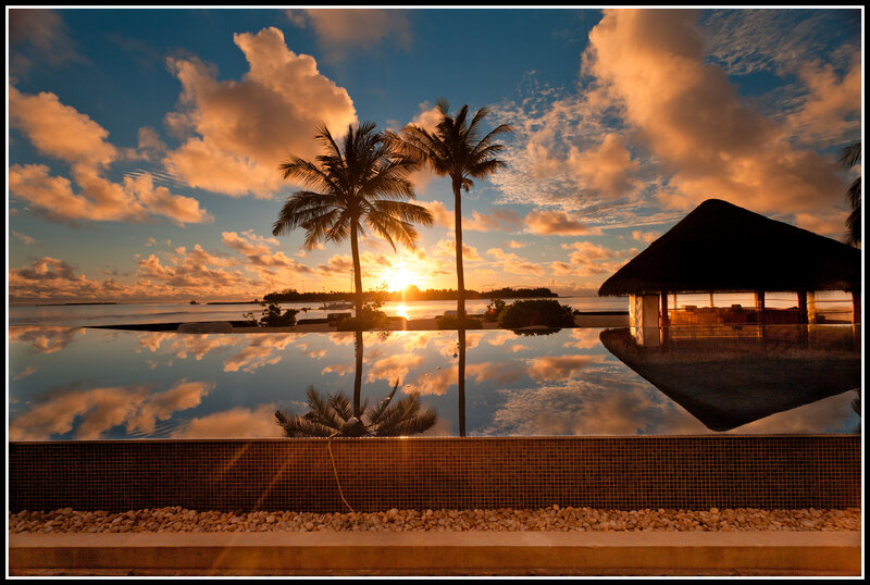Palm Trees at Sunset — Blue, Serene, Photograph, Pool
