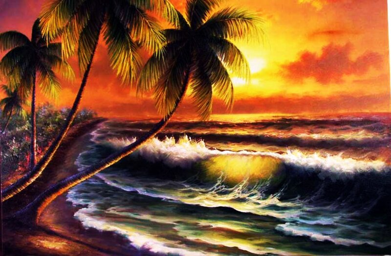 Palm Trees at Sunset — Orange, Dramatic, Painting, Ocean