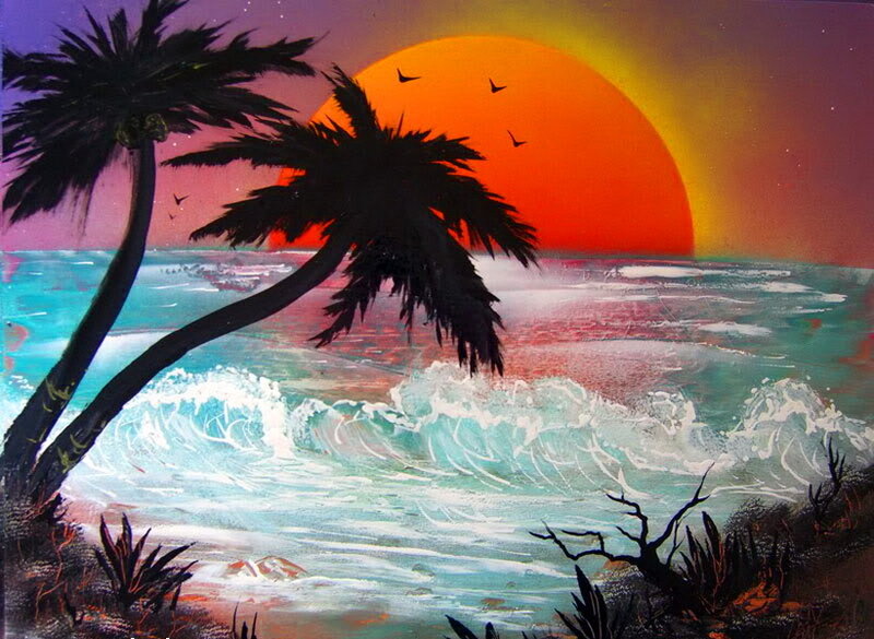 Palm Trees at Sunset — Orange, Dramatic, Painting