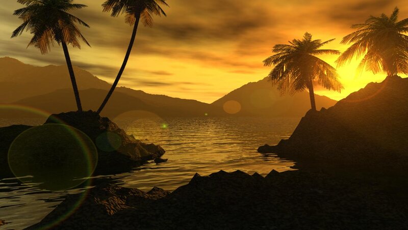 Palm Trees at Sunset — Orange, Serene, 3d Render, Mountains