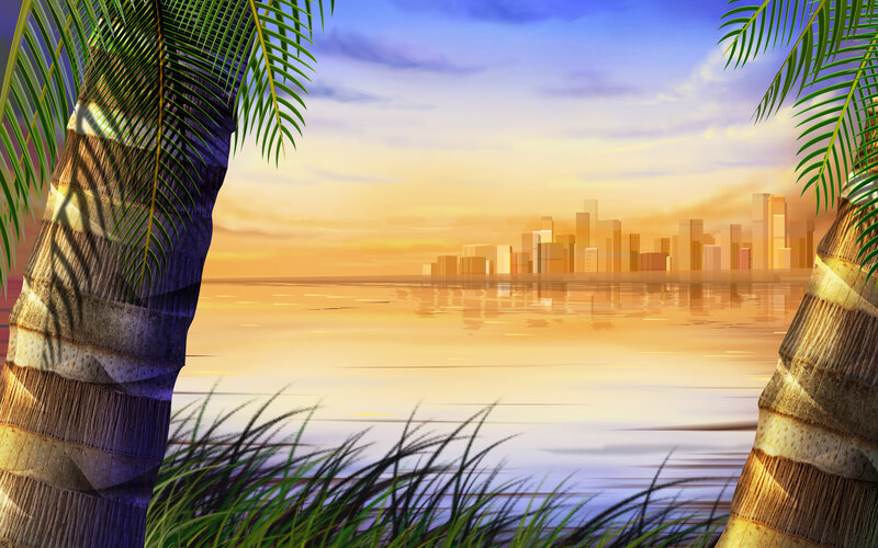 Palm Trees at Sunset — Orange, Serene, Digital Art, City Skyline, Ocean