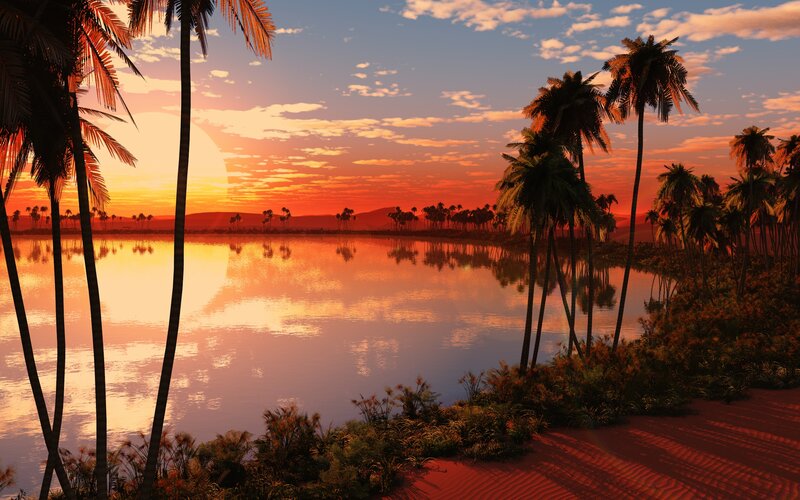 Palm Trees at Sunset — Orange, Serene, Digital Art, Lake