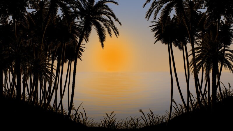 Palm Trees at Sunset — Orange, Serene, Digital Art, Ocean, Sky, Grass