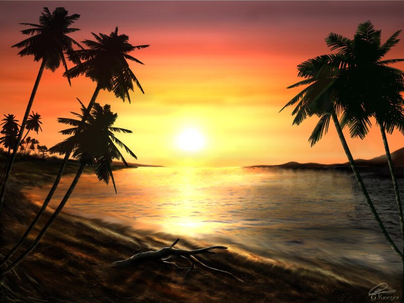 Palm Trees at Sunset — Orange, Serene, Digital Art, Ocean, Sun, Driftwood