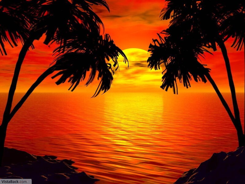 Palm Trees at Sunset — Orange, Serene, Digital Art, Ocean, Sun, Sky, Yellow
