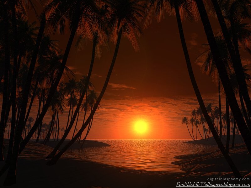 Palm Trees at Sunset — Orange, Serene, Digital Art, Ocean, Sun