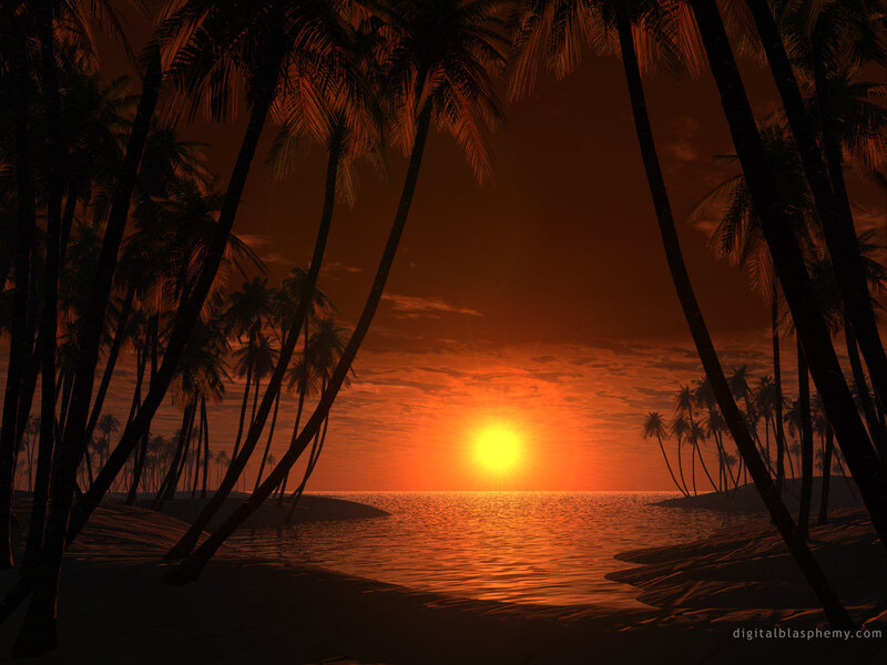 Palm Trees at Sunset — Orange, Serene, Digital Art, Sun