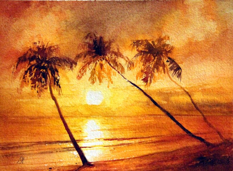 Palm Trees at Sunset — Orange, Serene, Painting
