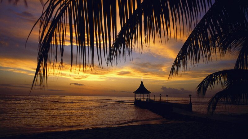 Palm Trees at Sunset — Orange, Serene, Photograph, Ocean, Gazebo, Pier