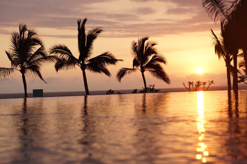 Palm Trees at Sunset — Orange, Serene, Photograph, Palm Trees, Pool