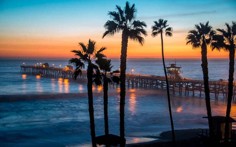 Palm Trees at Sunset — Orange, Serene, Photograph, Pier