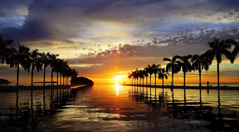 Palm Trees at Sunset — Orange, Serene, Photograph, Water, Clouds