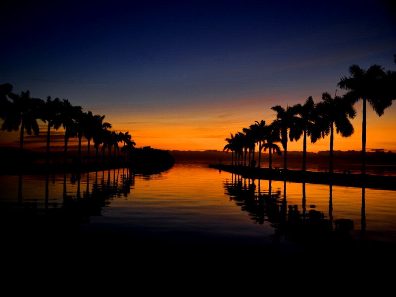 Palm Trees at Sunset — Orange, Serene, Photograph, Water