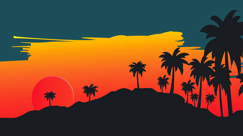 Palm Trees at Sunset — Orange, Serene, Vector Art, Sun, Sky