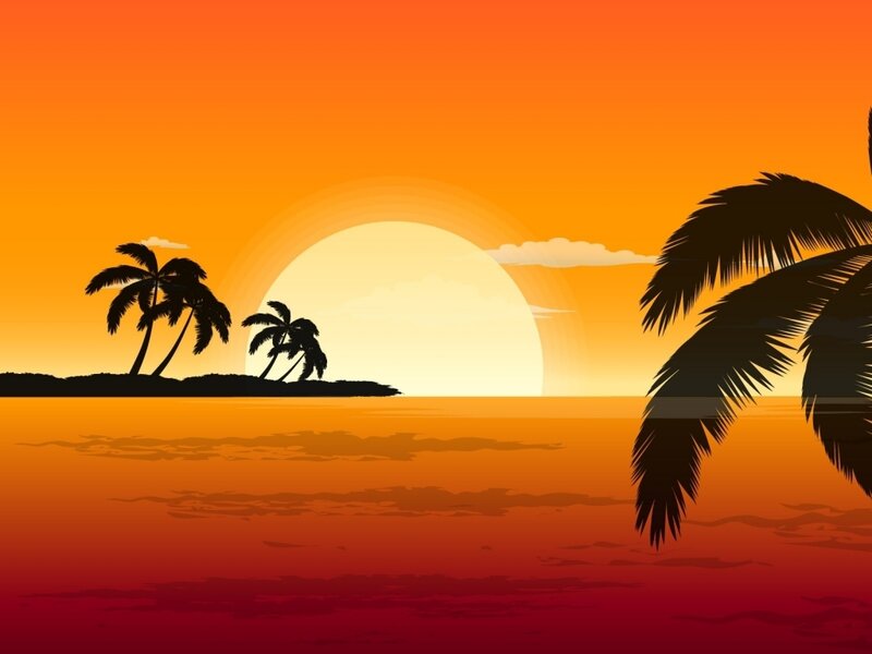 Palm Trees at Sunset — Orange, Serene, Vector Art, Sun