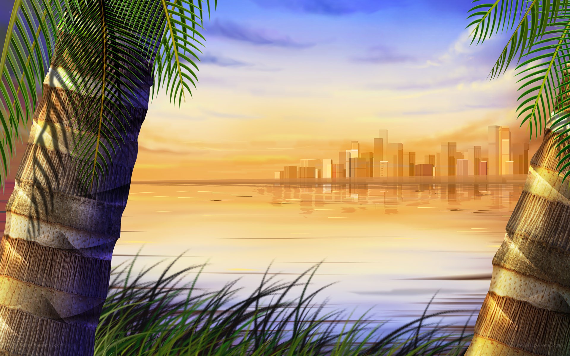 Palm trees at sunset over city