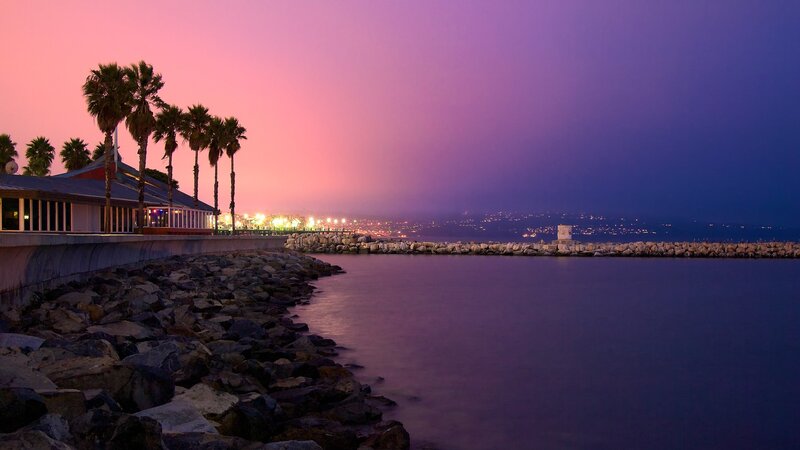 Palm Trees at Sunset — Pink, Serene, Photograph, Building
