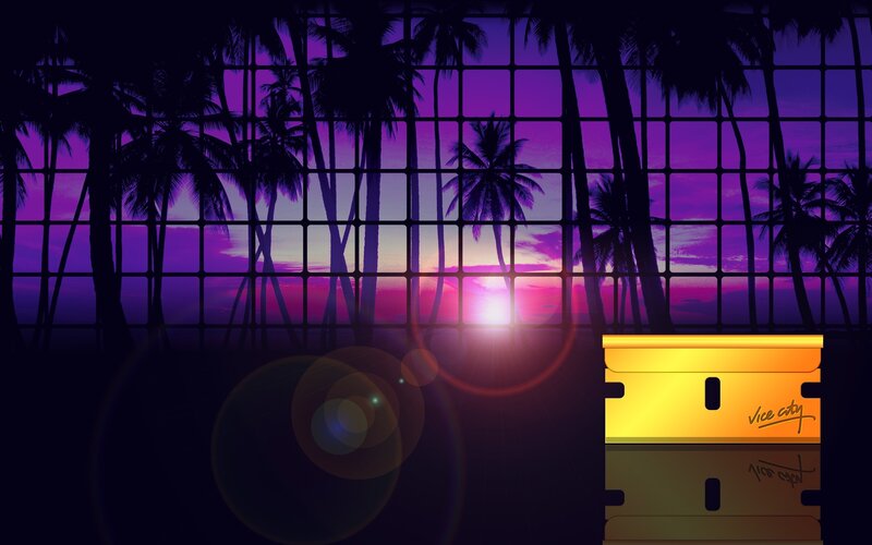 Palm Trees at Sunset — Purple, Dramatic, Digital Art, Palm Trees