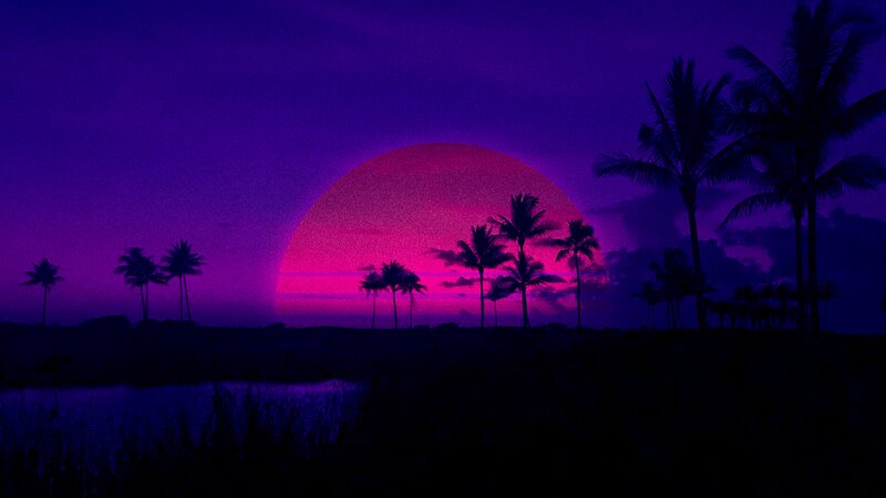 Palm Trees at Sunset — Purple, Dramatic, Digital Art, Sun