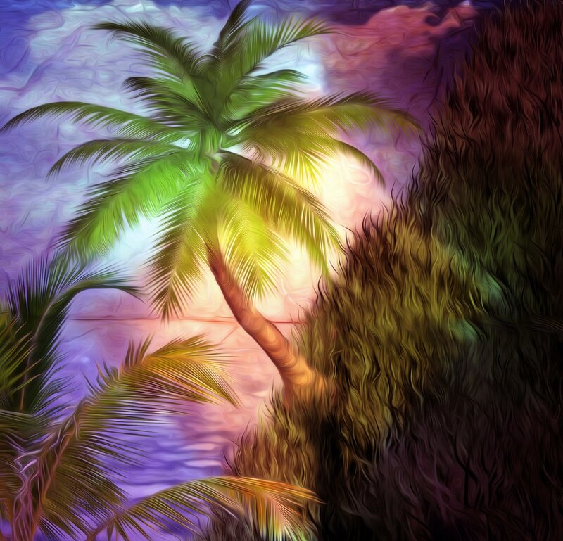 Palm Trees at Sunset — Purple, Dramatic, Digital Art
