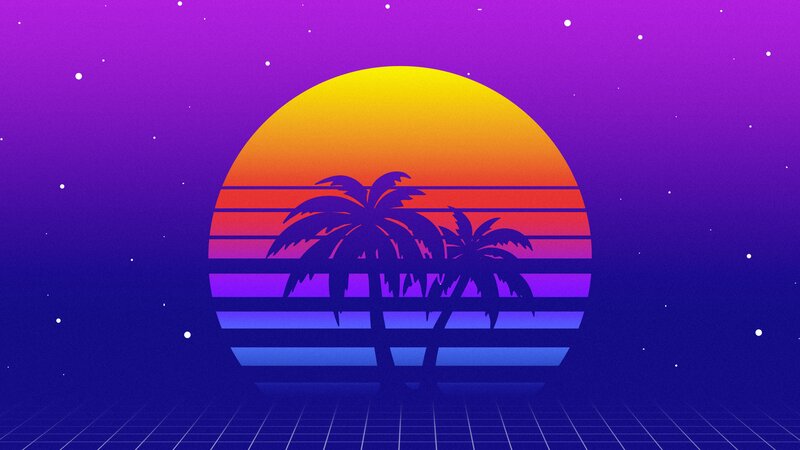 Palm Trees at Sunset — Purple, Retro, Digital Art