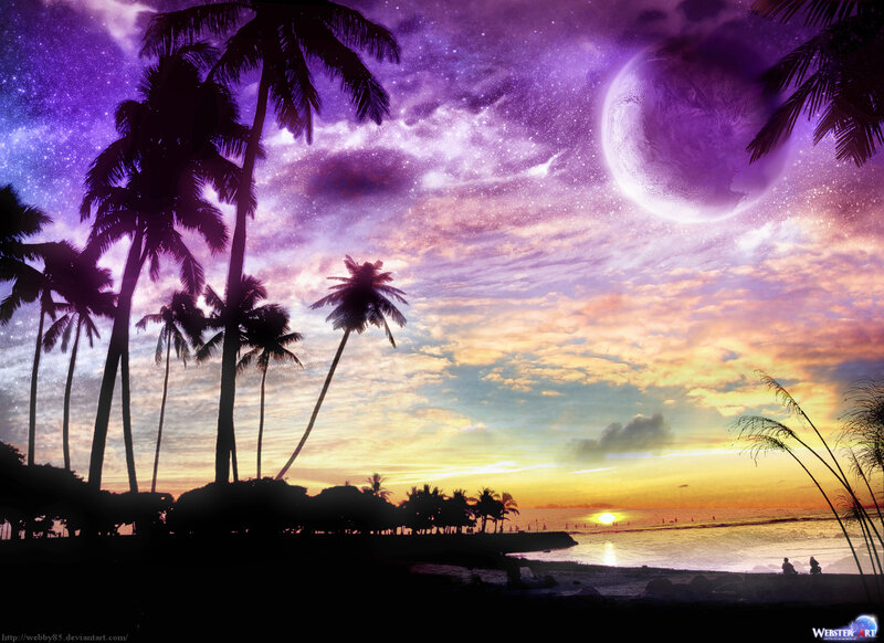 Palm Trees at Sunset — Purple, Serene, Digital Art, Moon