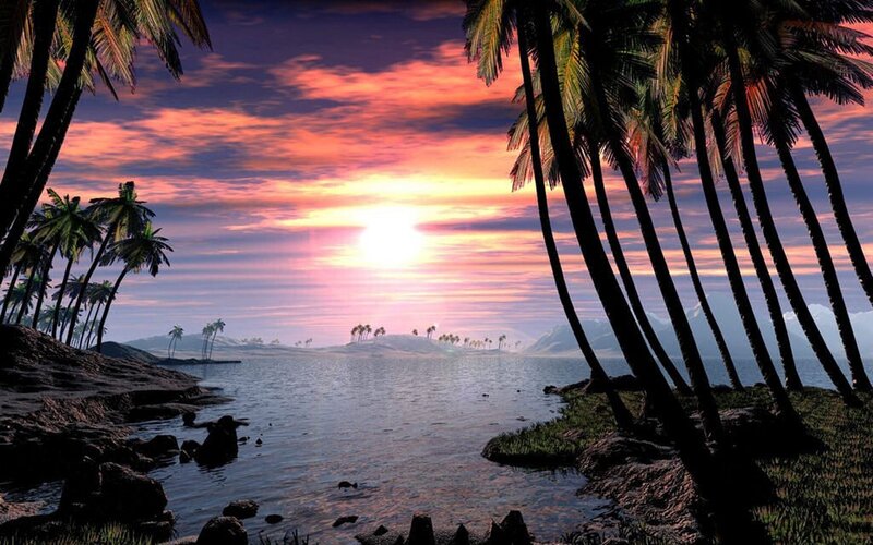 Palm Trees at Sunset — Purple, Serene, Digital Art, Ocean, Island
