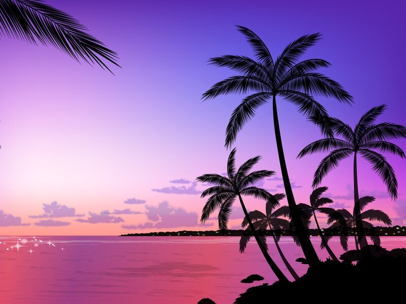 Palm Trees at Sunset — Purple, Serene, Digital Art, Ocean