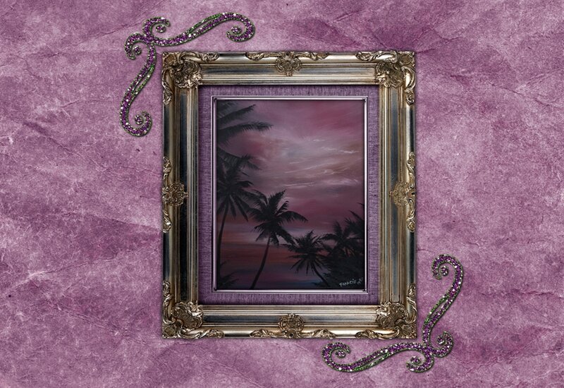 Palm Trees at Sunset — Purple, Serene, Painting, Frame