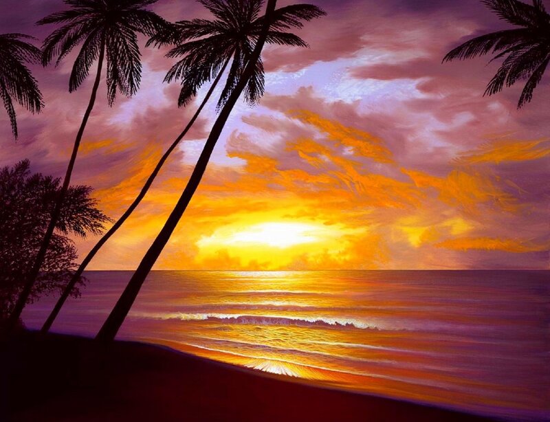 Palm Trees at Sunset — Purple, Serene, Painting, Ocean