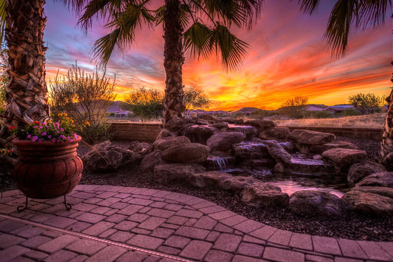 Palm Trees at Sunset — Purple, Serene, Photograph, Palm Trees, Rock Waterfall
