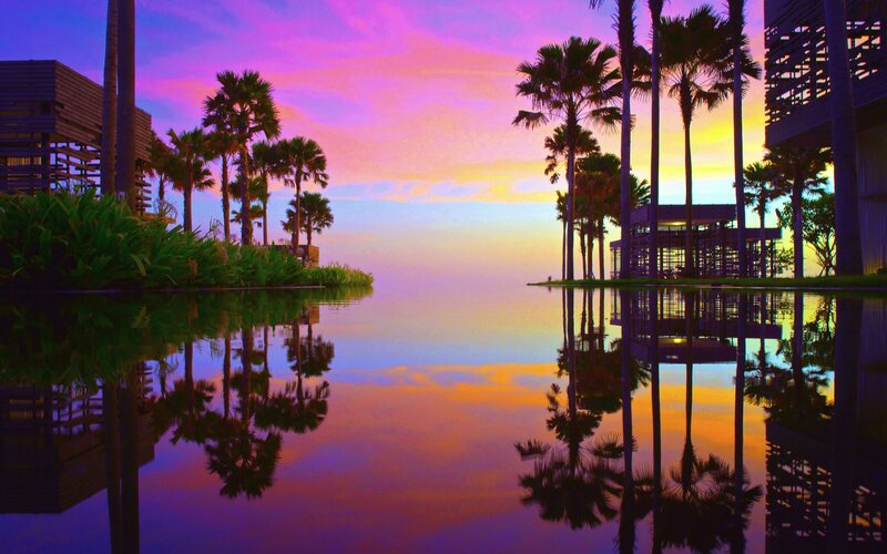 Palm Trees at Sunset — Purple, Serene, Photograph, Sky, Pool