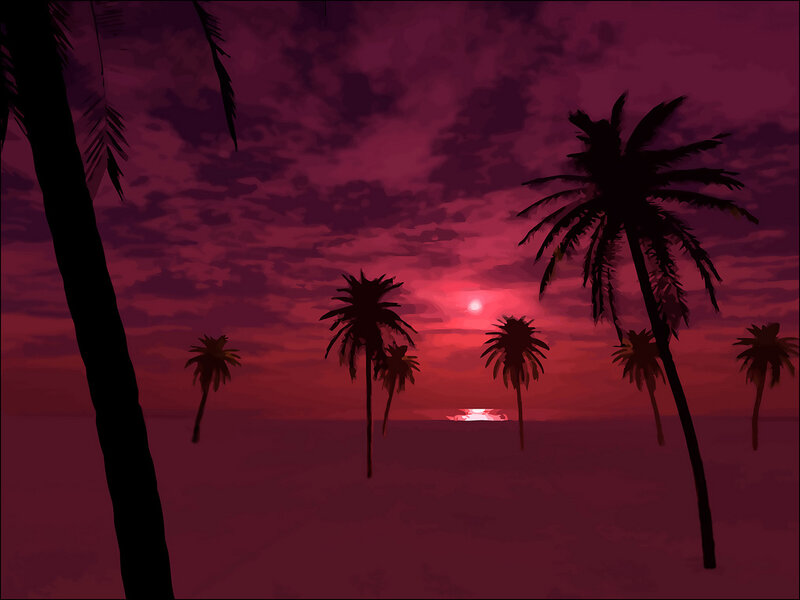 Palm Trees at Sunset — Red, Dramatic, Digital Art, Sky
