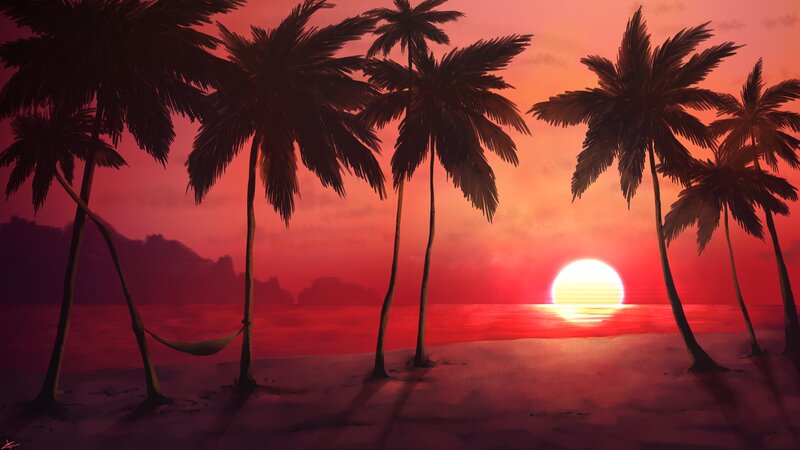 Palm Trees at Sunset — Red, Serene