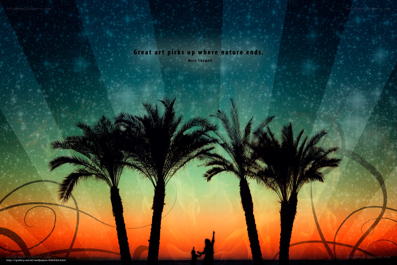 Palm trees at sunset with quote