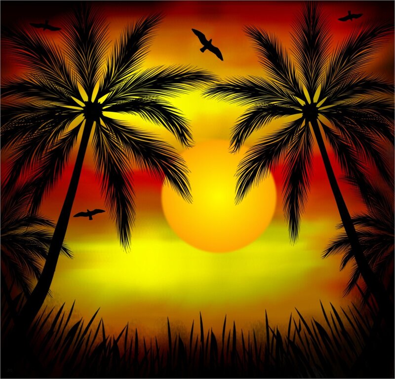 Palm Trees at Sunset — Yellow, Serene, Digital Art, Birds