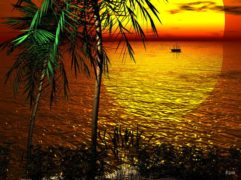 Palm Trees at Sunset — Yellow, Serene, Digital Art, Ocean