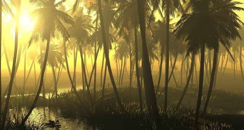 Palm Trees at Sunset — Yellow, Serene, Digital Art, Sun