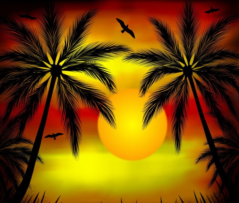 Palm Trees at Sunset — Yellow, Serene, Digital Art