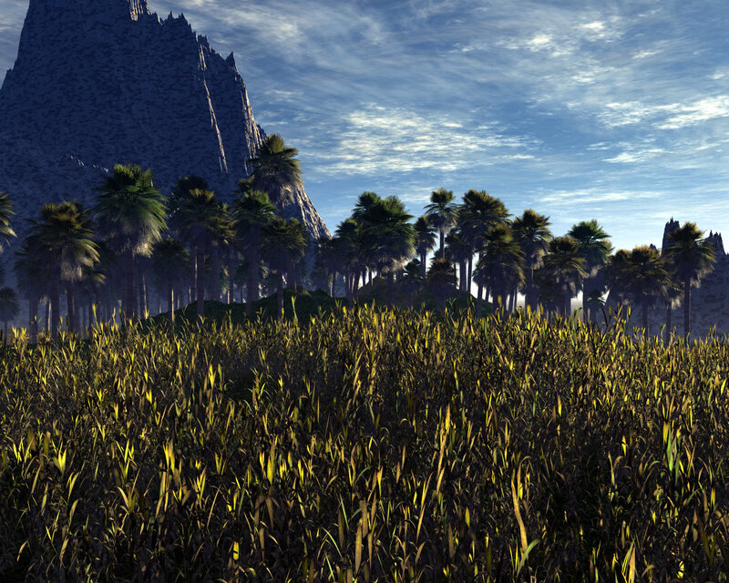 Palm trees by a mountain