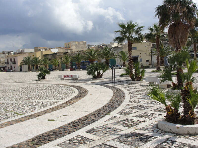 Palm trees in a town square