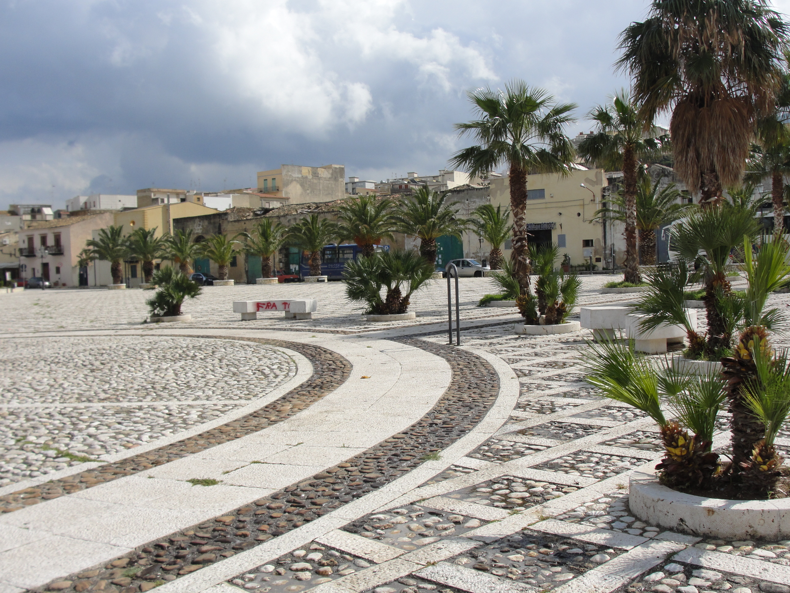 Palm trees in a town square